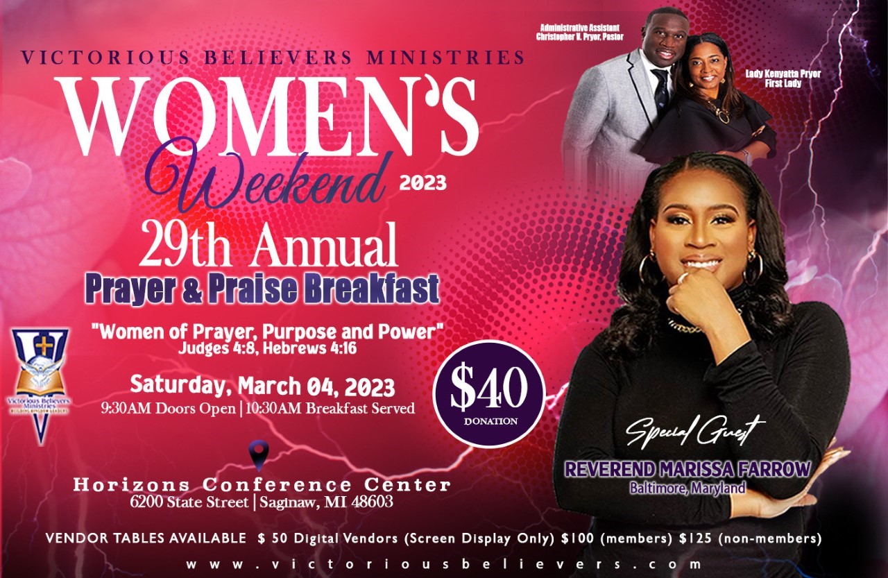 <h1 class="tribe-events-single-event-title">Victorious Believers Ministries presents the Women’s Weekend 2023 29th Annual Praise and Pray Breakfast</h1>
