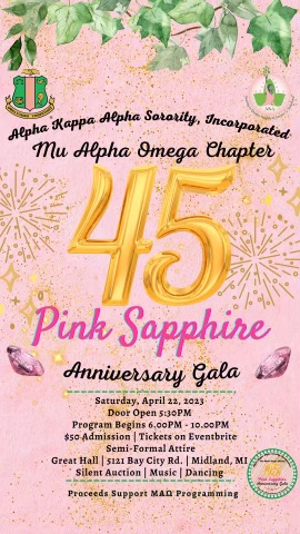 <h1 class="tribe-events-single-event-title">45 Pink Sapphire presented by Alpha Kappa Alpha Inc/Mu Alpha Omega Chapter.</h1>